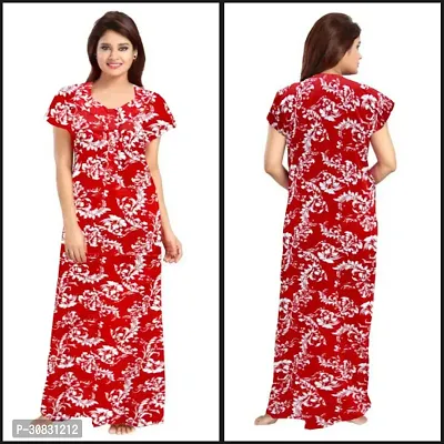 Elegant Red Cotton Blend Printed Nightdress For Women