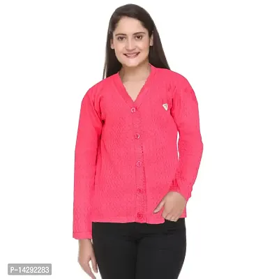 Mudrika Women Woolen V-Neck with Double Collar Heavy Winter Wear Pure Wool Cardigan Sweater with Side Pockets and Solid Colour Pink