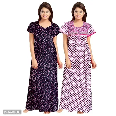 Nandini Women's Cotton Block Print Maxi Length Nighty (ComboNT7366 XL Yellow, Purple_Purple_XL)