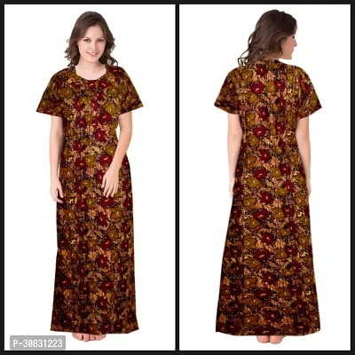 Elegant Brown Cotton Blend Printed Nightdress For Women-thumb0