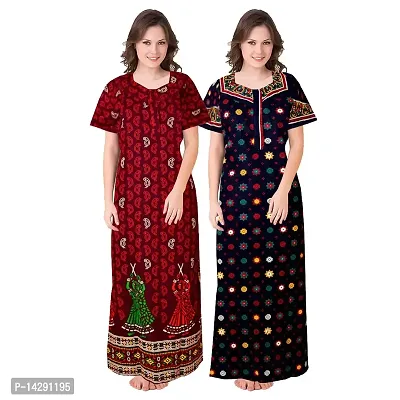 Mudrika Women's Cotton Printed Half Sleeve Maxi Nighty (Free Size; Pack of 2; Multicolour)