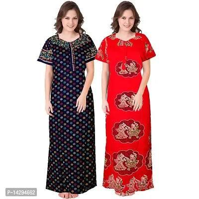 Nandini Women Wear Cotton Nighty Sleepwear Nightdress Nighty Long Maxi Free Size Nighties Combo (Pack of 2) White,Red