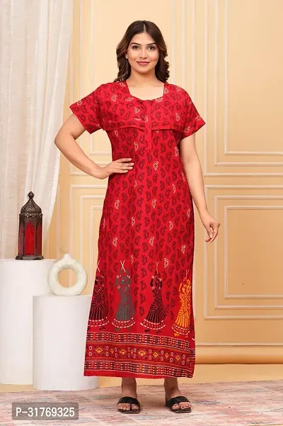 Elegant Red Cotton Printed Maternity Nighty For Women