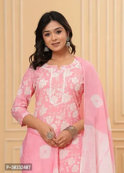 Stylish Pink Cotton Printed Kurta, Bottom and Dupatta Set For Women-thumb3