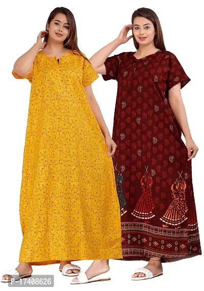 Elegant Multicoloured Cotton Printed Nighty For Women Combo Pack Of 2
