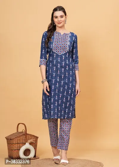 Stylish Blue Cotton Printed Kurta Bottom Set For Women-thumb0