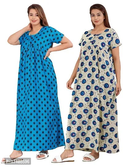 Elegant Multicoloured Cotton Printed Nighty For Women Combo Pack Of 2