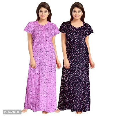 Nandini Women Floral Print Nighty Free Size with Front Zip Regular Cotton Night Gown Night Dress Nighty Combo Maxi (Pack of 2)