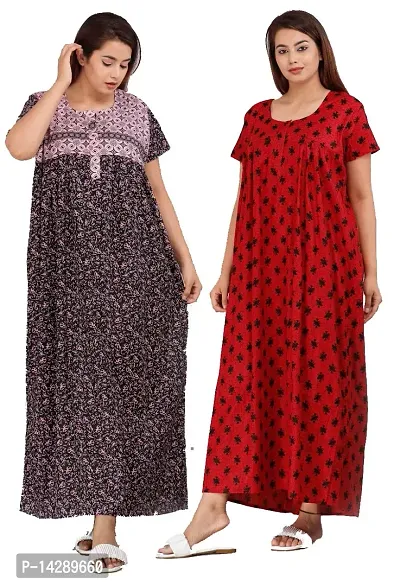 JVSP Women's Wear Pure Cotton Printed Nightgown Cotton Maternity Wear Kaftan Maxi Long Nighty (Combo Pack of 2 Pieces)