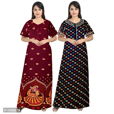 Mudrika Attractive Women's 100% Cotton Printed Nightwear Maternity Half Sleeves Maxi Gown Nightdresses (Combo Pack of 2)