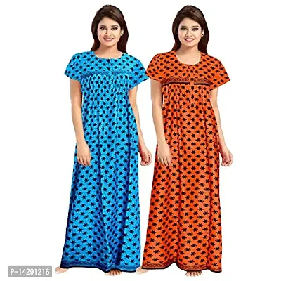 Lorina Women's Cotton Block Print Maxi Nighty Night Gown (Multicolour, Free Size) Combo Pack of 2 Pieces