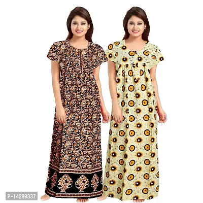 Khushi Print Women Soft Cotton Nightwear Gown Nighties Sleepwear Maxi Dress  (Multicolor) Combo Pack of 2 Peice