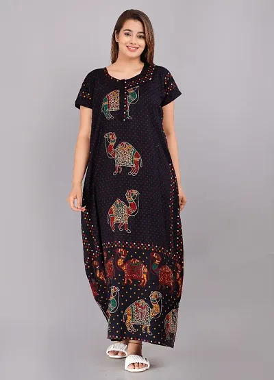 Trendy Jaipuri Cotton Short Sleeves Nighty/Night Dress For Women