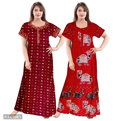 Mudrika Women's Fashionable Cotton Nighty/Night Wear/Gown in Multi Colour Maternity Wear Printed Night Wear Maxi Combo Pack of 2 Pieces