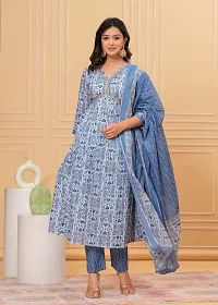 Stylish Blue Cotton Printed Kurta, Bottom and Dupatta Set For Women-thumb1