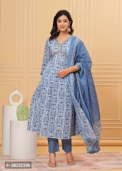 Stylish Blue Cotton Printed Kurta, Bottom and Dupatta Set For Women-thumb2