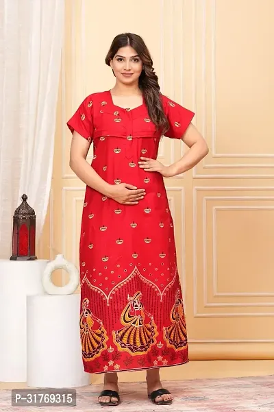 Elegant Red Cotton Printed Maternity Nighty For Women