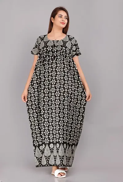 Trendy Jaipuri Cotton Short Sleeves Nighty/Night Dress For Women