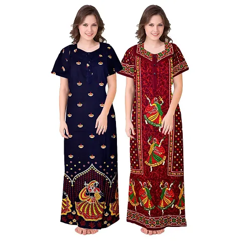 PMK FASHION 100% Cotton Nighty Long Length Printed Nighty/Maxi/Night Gown/Night Dress/Nightwear Inner & Sleepwear (Combo Pack of 2)