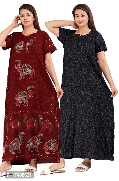 Elegant Multicoloured Cotton Printed Nighty For Women Combo Pack Of 2