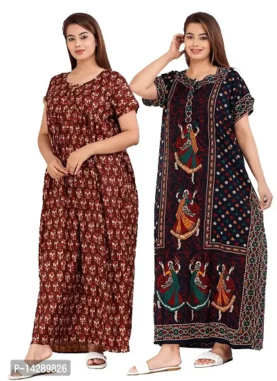 JVSP Women's Wear Pure Cotton Printed Nightgown Cotton Maternity Wear Kaftan Maxi Long Nighty (Combo Pack of 2 Pieces)-thumb0