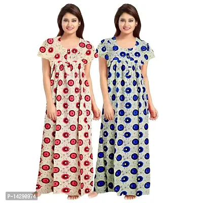 Nandini Women Wear Cotton Nighty Sleepwear Nightdress Nighty Long Maxi Free Size Nighties Combo (Pack of 2) Blue,White-thumb0
