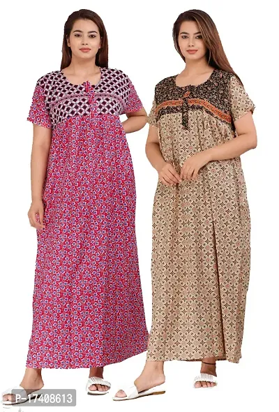 Elegant Multicoloured Cotton Printed Nighty For Women Combo Pack Of 2