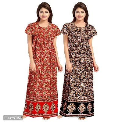 Nandini Women's Cotton Maxi Nighty Night Gown, Free Size Combo Pack of 2 Pieces