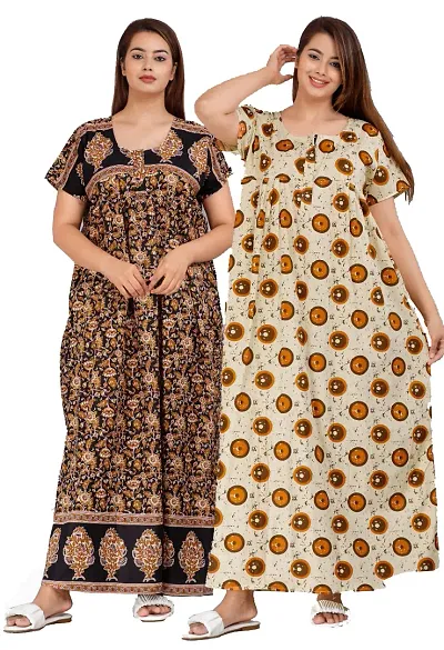 Cotton Collection Women's Wear Pure Cotton Printed Nightgown Cotton Maternity Wear Kaftan Maxi Long Nighty (Combo Pack of 2 Pieces)