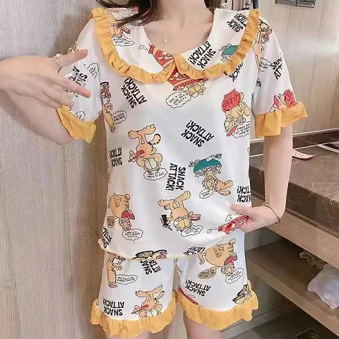 Comfortable Printed Night Top Shorts Set For Women