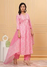 Stylish Pink Cotton Printed Kurta, Bottom and Dupatta Set For Women-thumb1