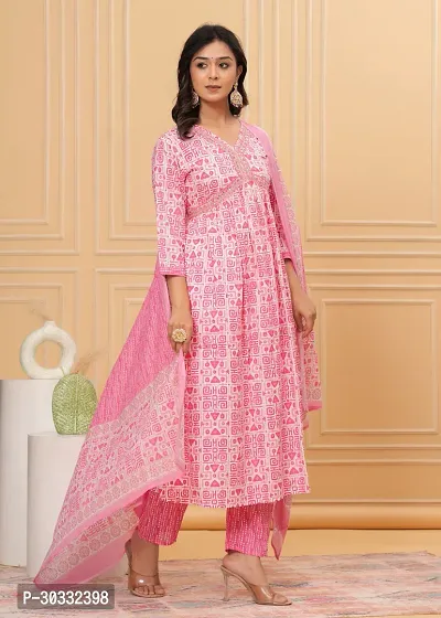 Stylish Pink Cotton Printed Kurta, Bottom and Dupatta Set For Women-thumb2