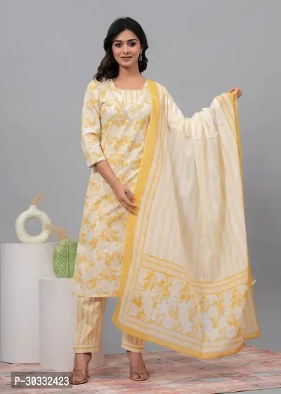 Stylish Yellow Cotton Printed Kurta, Bottom and Dupatta Set For Women