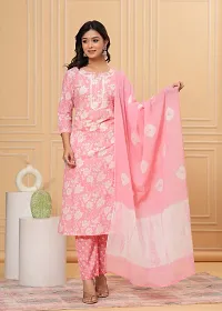 Stylish Pink Cotton Printed Kurta, Bottom and Dupatta Set For Women-thumb1