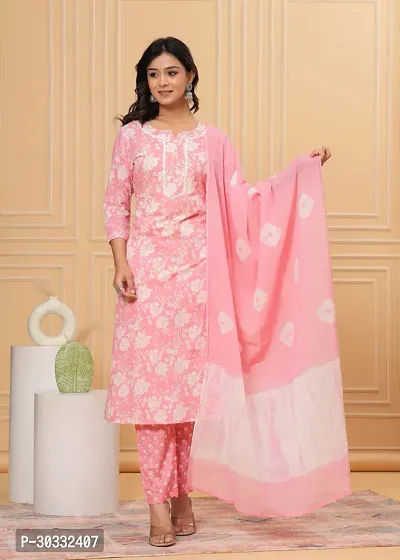 Stylish Pink Cotton Printed Kurta, Bottom and Dupatta Set For Women-thumb2