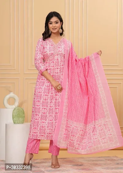 Stylish Pink Cotton Printed Kurta, Bottom and Dupatta Set For Women-thumb0