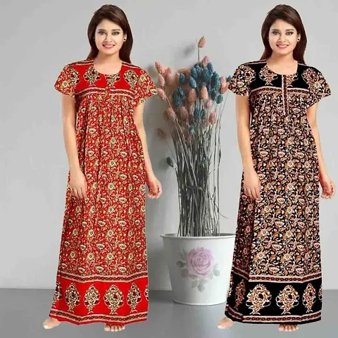 Pack Of 2 Cotton Printed Nighty/Night Gowns For Women