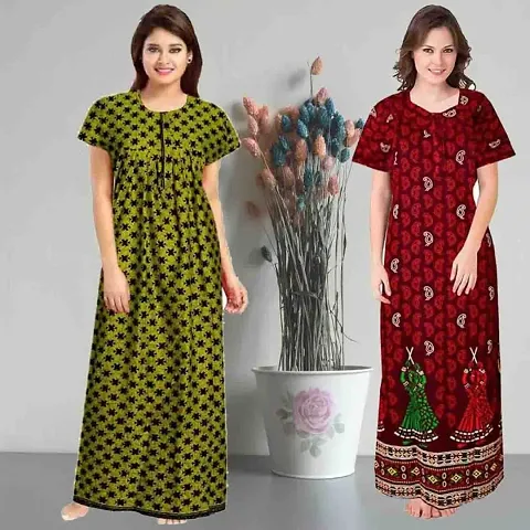 Pack Of 2 Cotton Printed Nighty/Night Gowns For Women