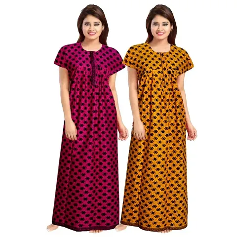 Stylish Cotton Printed Night Gowns For Women - Pack Of 2/Cotton Nighty Combo For Women