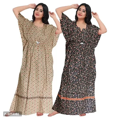 Classic Cotton Printed Kaftan Nighty for Women, Pack of 2