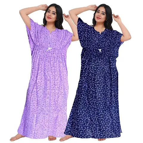 Stylish Fancy Cotton Printed Kaftan Nighty Combo For Women Pack Of 2