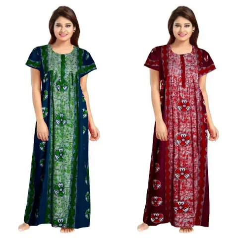 Hoorain Enterprises 100% Cotton Nighty for Women || Long Length Printed Nighty/Maxi/Night Gown/Night Dress/Nightwear Inner & Sleepwear for Women's (Combo Pack of 2)