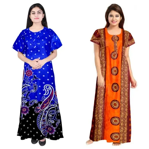 PMK FASHION 100% Nighty for Women || Long Length Nighty/Maxi/Night Gown/Night Dress/Nightwear Inner Sleepwear for Women's (Combo Pack of 2)