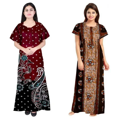 PMK FASHION 100% Nighty for Women || Long Length Nighty/Maxi/Night Gown/Night Dress/Nightwear Inner Sleepwear for Women's (Combo Pack of 2)