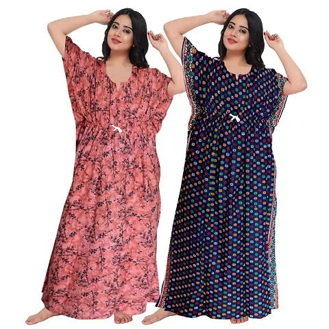 Stylish Fancy Cotton Printed Kaftan Nighty Combo For Women Pack Of 2