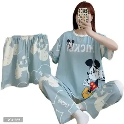 New Launched!! Imported 3 PC Night Suit Set For Women(Tops Pajamas And Shorts)
