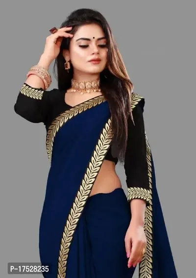 Stylish Net Navy Blue Border Work Saree With Blouse Piece For Women-thumb0