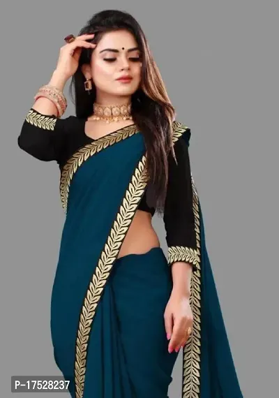 Stylish Net Teal Blue Border Work Saree With Blouse Piece For Women-thumb0