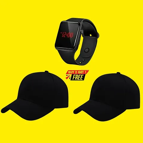 Plain Cap 2 ,With Popular Led Watch 1 Free , Sports cap , Baseball cap , Adjustable Cap , Casual Cap (Pack Of 3)