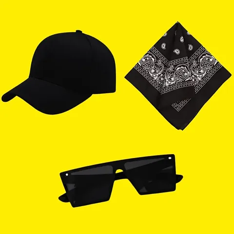 Plain Cap ,With Bandana Face Mask Rumal And Stylish Sunglass Chasma Free Mask , Sports cap , Baseball cap , Adjustable Cap , Casual Cap (Pack Of 3)